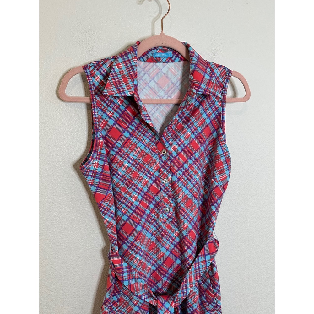 J. McLaughlin Catalina Cloth Sleeveless Dress Size S Red Blue Plaid Belted - Picture 4 of 8